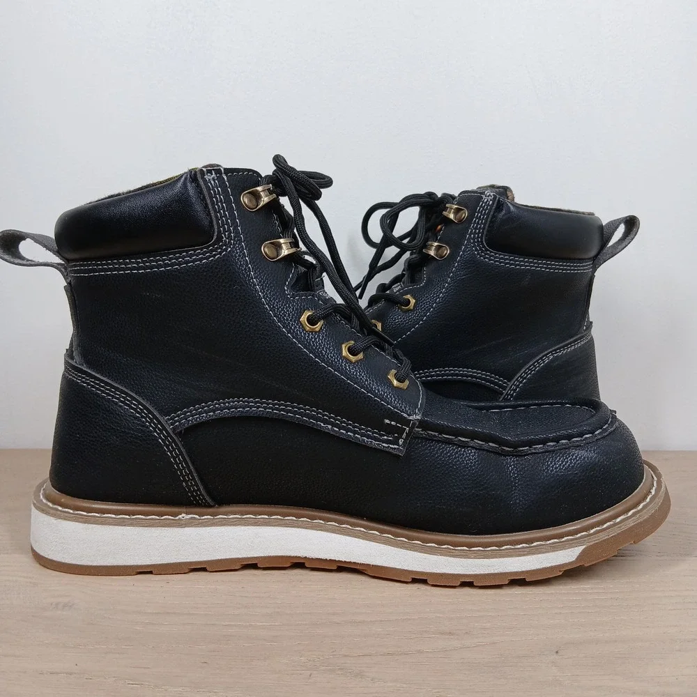 Kelodon Work Boots Mens 10 Black Leather Waterproof Moc Toe Wedge Utility